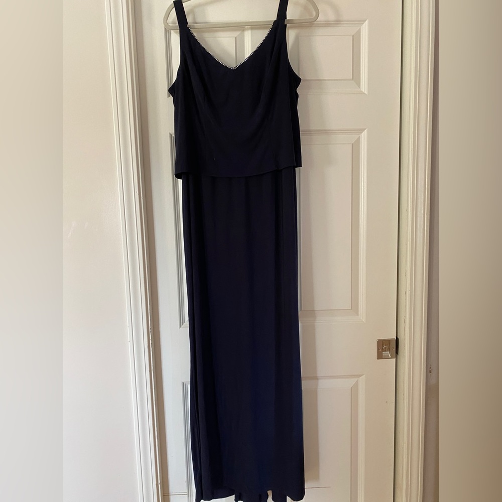 Alex Evenings Evening gown. Navy blue w/ rhinestone embellished collar. Size 14